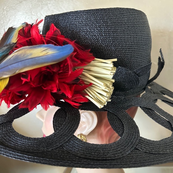 COLORFUL BLACK STRAW VINTAGE HAT + OPEN BRIM DESIGN + FABRIC FLOWERS & BUTTERFLY main image 6